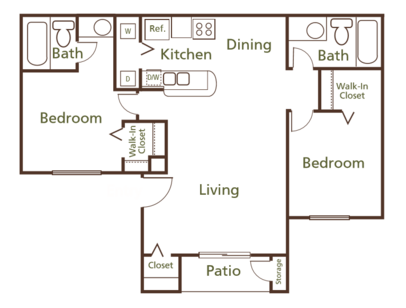 Floor plan for 2 beds, 2 baths, 989 sqft